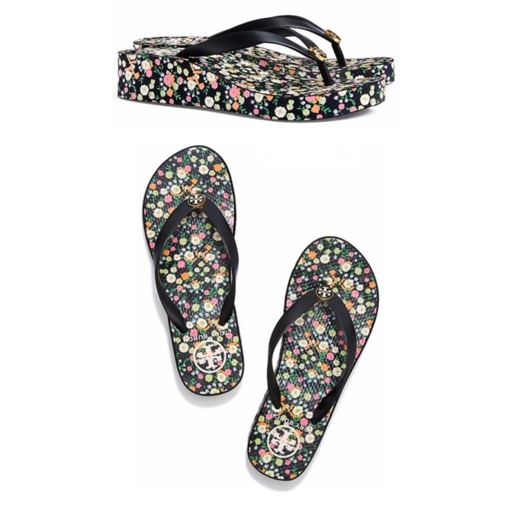 Tory Burch EU 38 / US 7.5 Floral Platform Flip Flops Black Multi Wedge Sandals